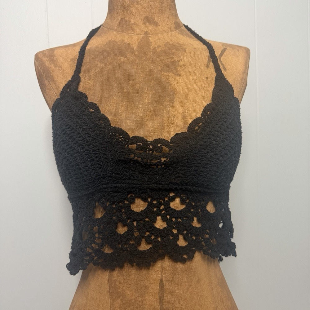 Rebellion Women's Black Crochet Summer Beach Cropped Top Size S 100% Cotton